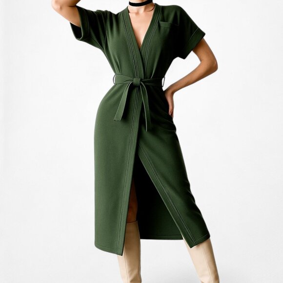 Green Short Sleeve VNeck Belted Waist Knee Length Side Slit Dress Size 0/XS - Picture 2 of 7